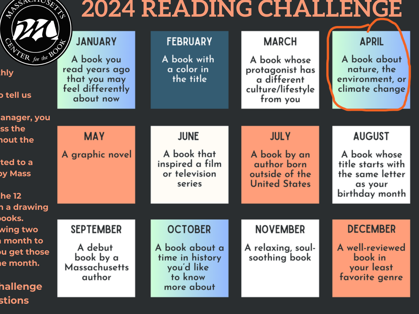 Massachusetts Center for the Book April 2024 Reading Challenge 
