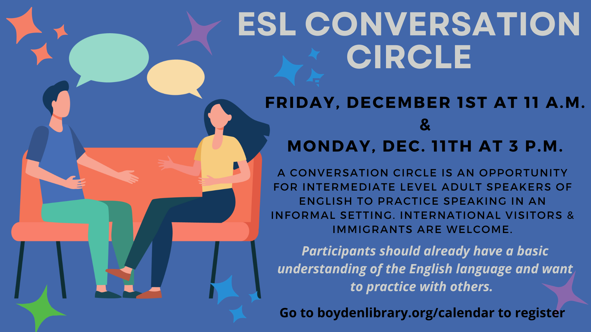 Conversation Circle for intermediate level adult speakers of English