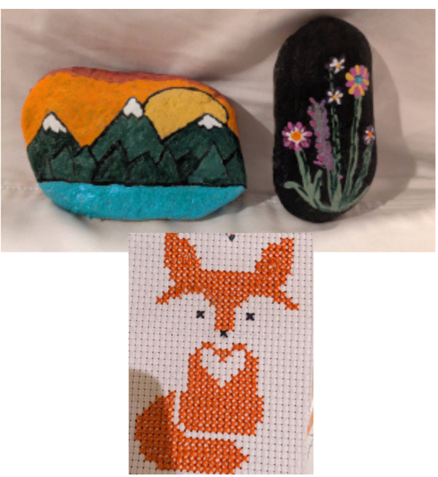 painted rocks cross stitch of a fox