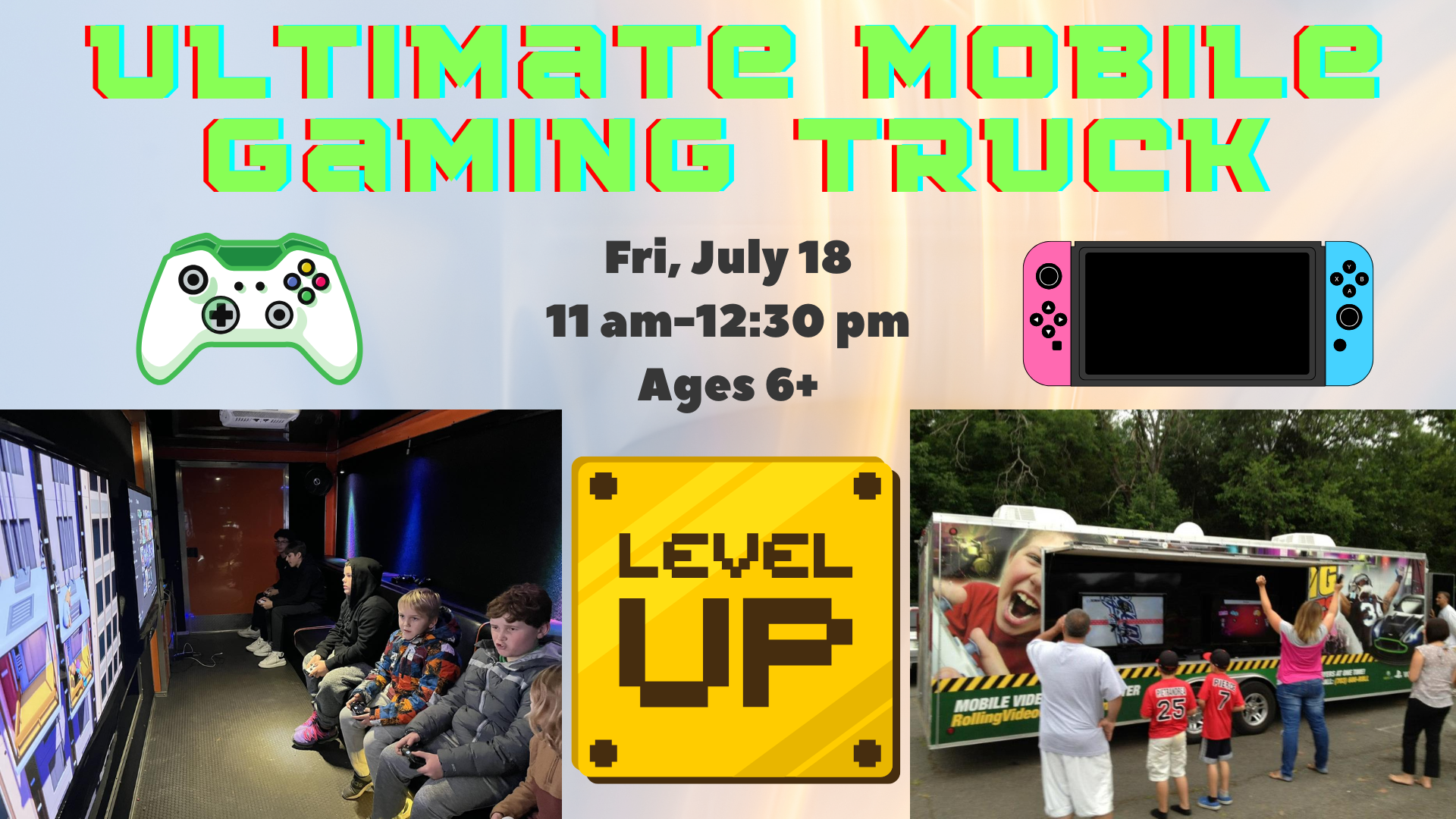 Photograph of the gaming truck with people around it