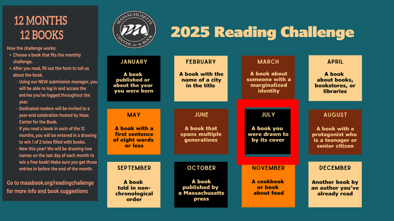 Post card image of the 2025 reading challenge with July highlighted
