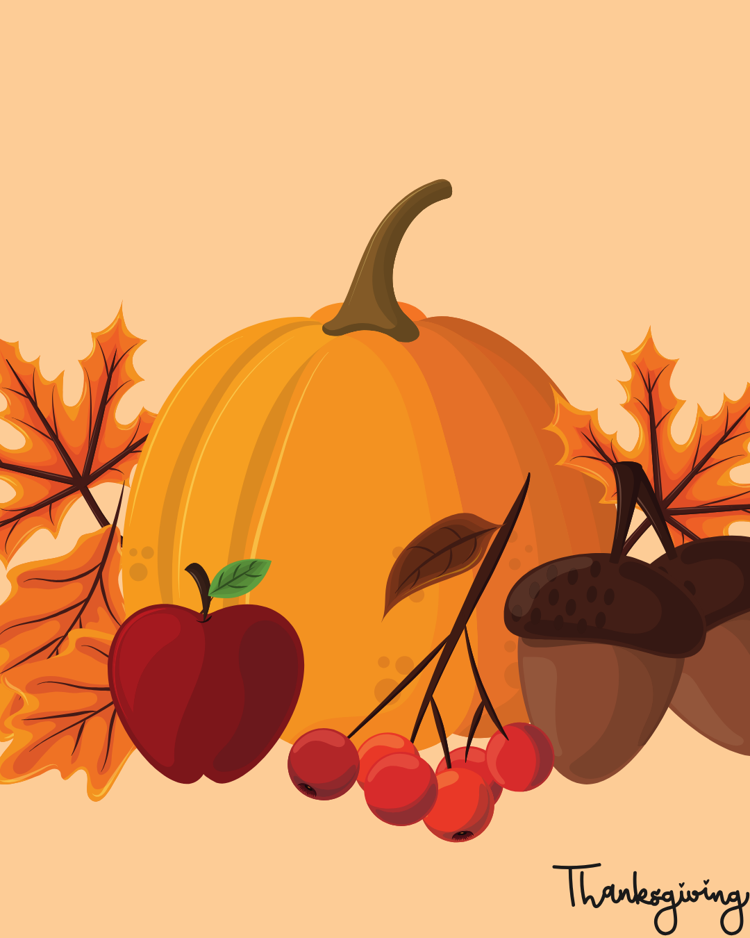 clipart of pumpkin, apple, berries, acorns, and leaves