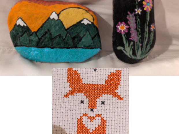 painted rocks cross stitch of a fox