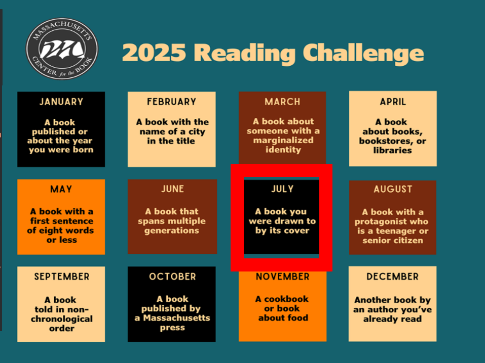 Post card image of the 2025 reading challenge with July highlighted