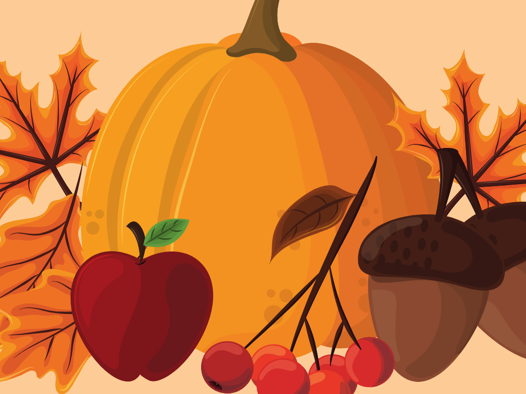 clipart of pumpkin, apple, berries, acorns, and leaves