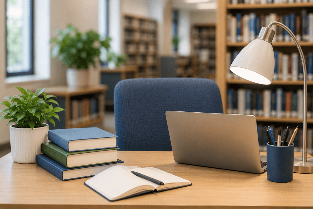 Library Desk with laptop and light